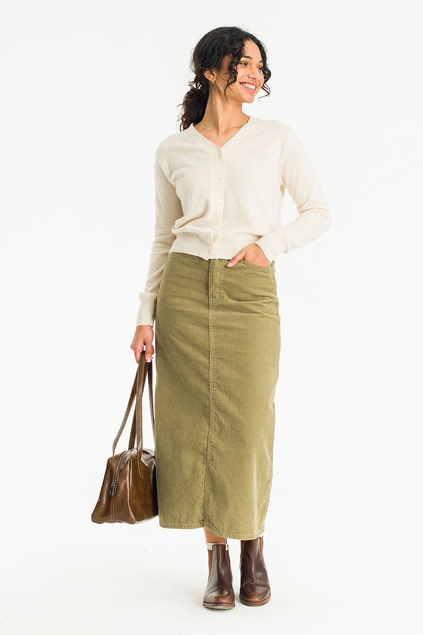 Reina Wide Cord Skirt, Khaki