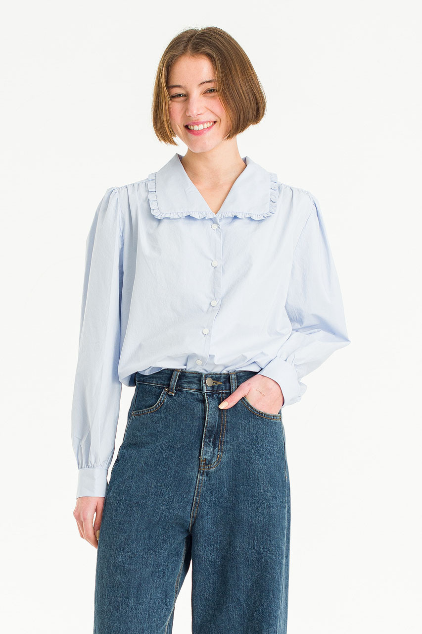 Leah Frill Neck Blouse, Light Blue