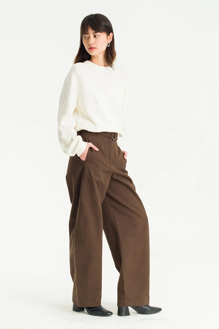 Belted Wide-Leg Cotton Pants, Brown