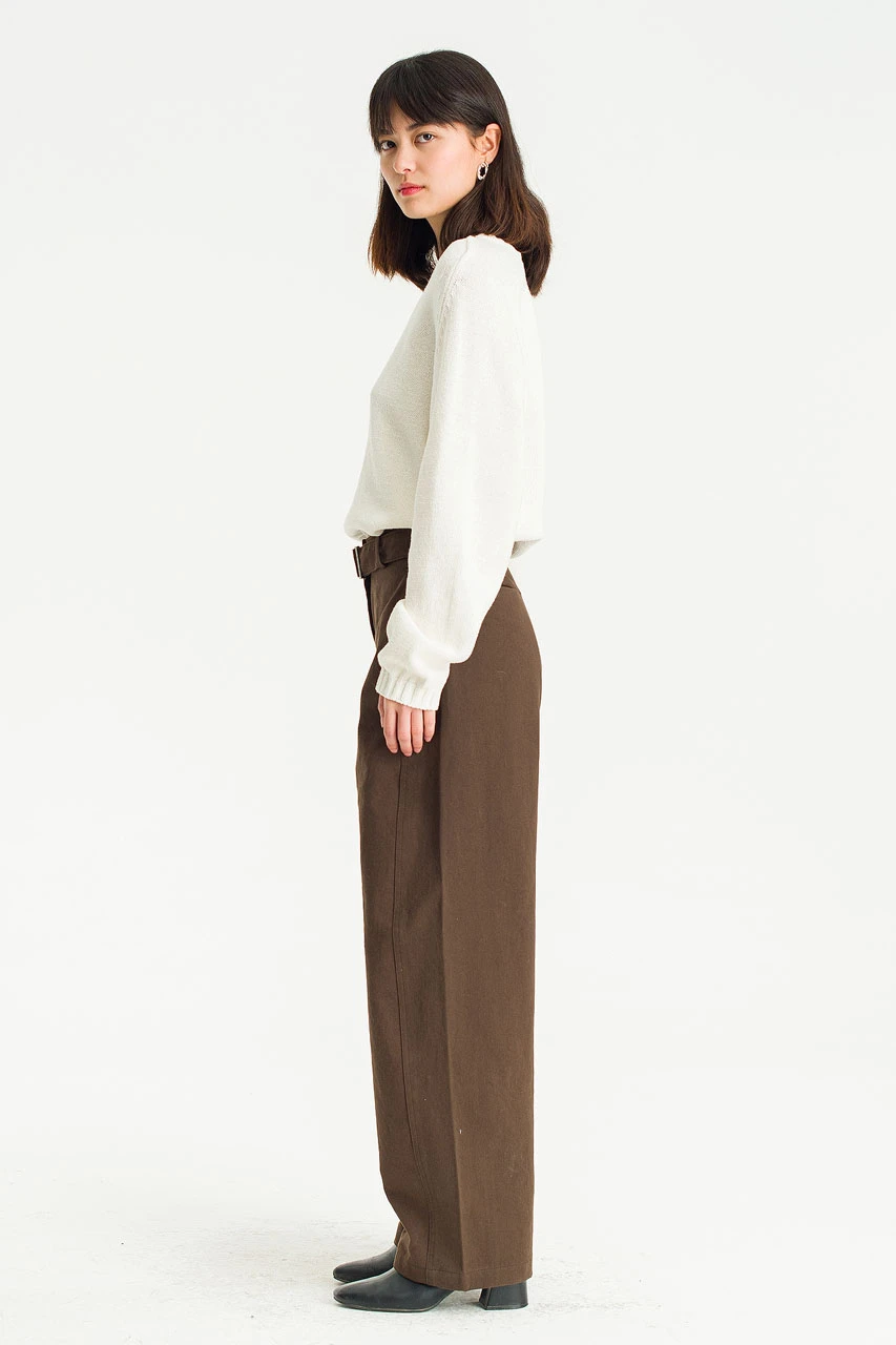 Belted Wide-Leg Cotton Pants, Brown