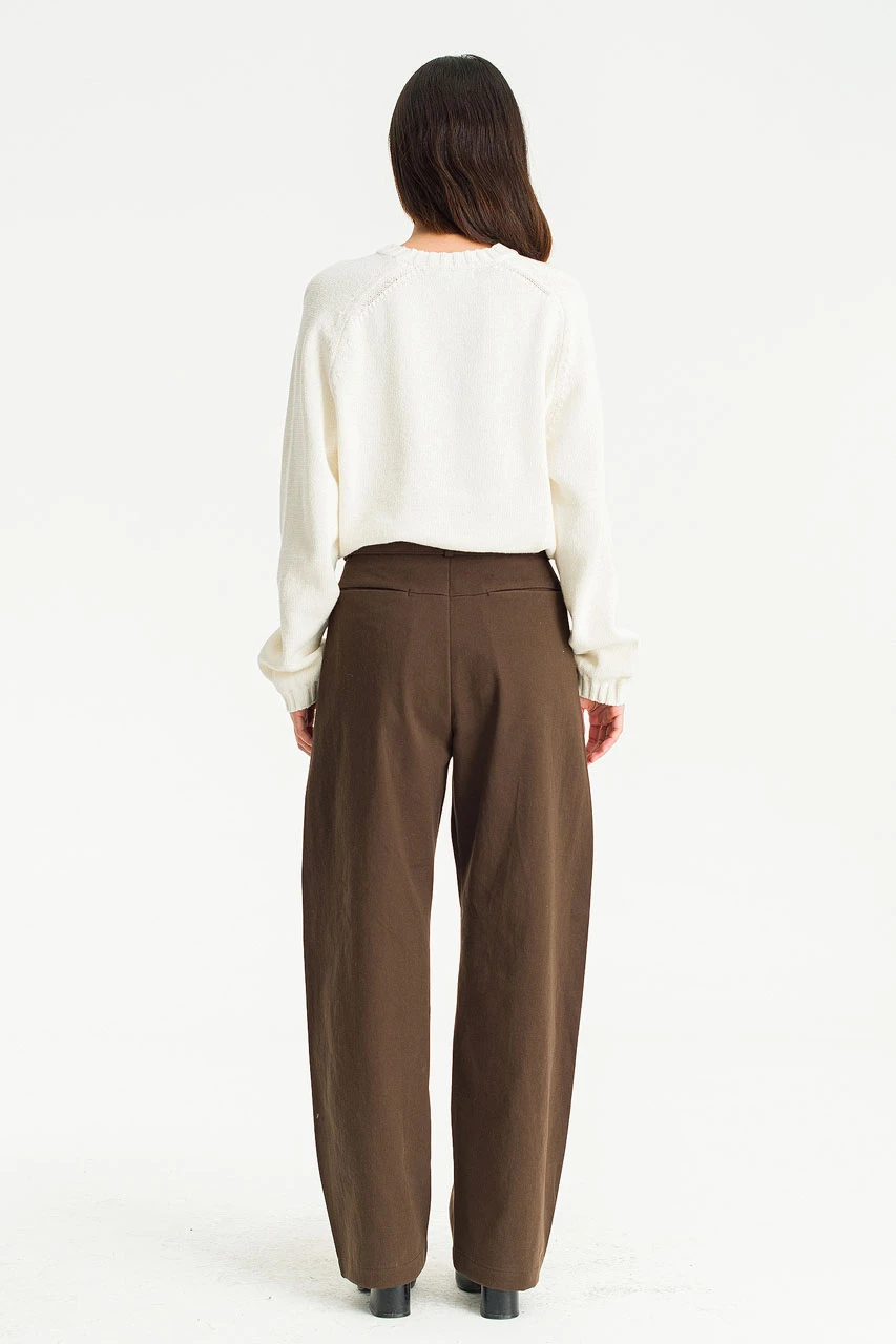 Belted Wide-Leg Cotton Pants, Brown