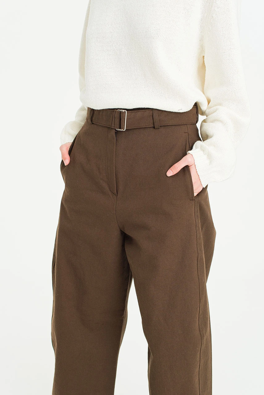 Belted Wide-Leg Cotton Pants, Brown