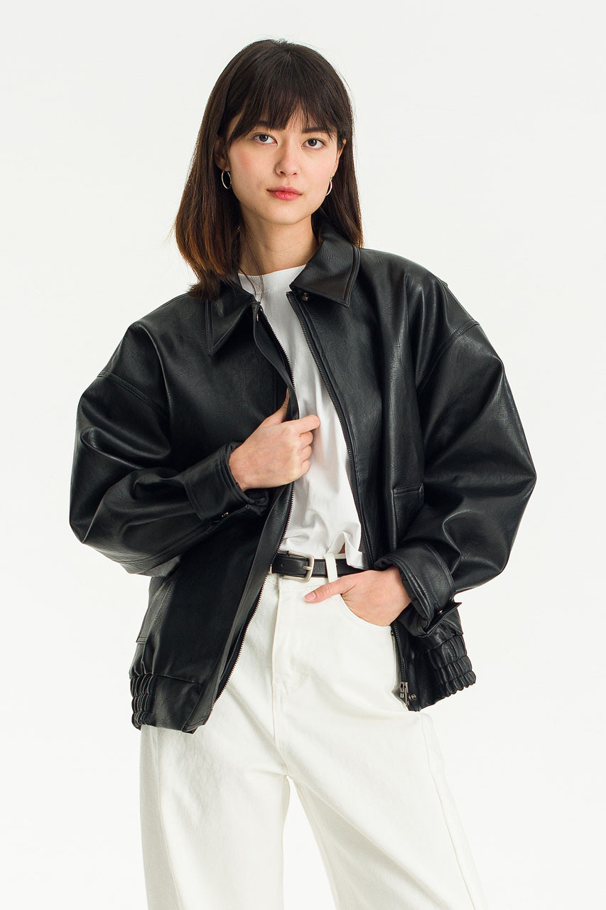 Marlowe Faux Leather Bomber, Black