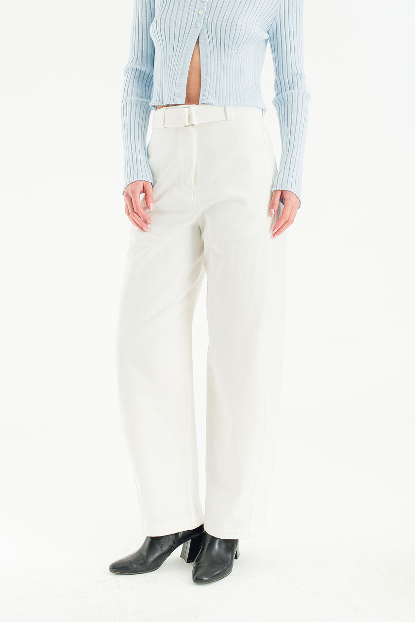Belted Wide-Leg Cotton Pants, Ivory