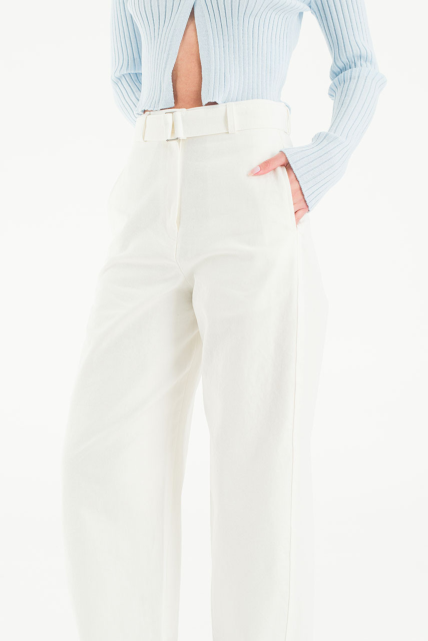 Belted Wide-Leg Cotton Pants, Ivory