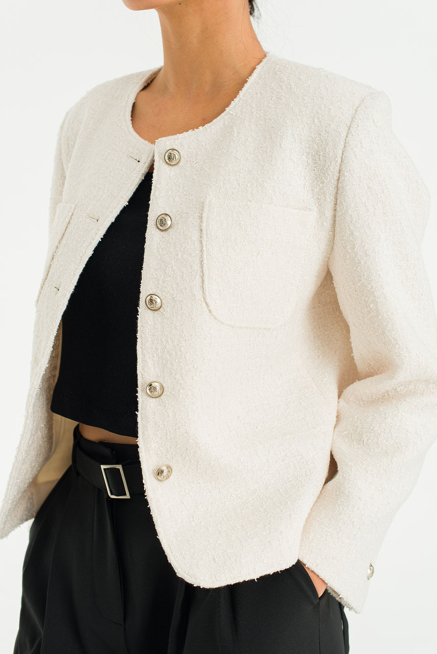 Edith Single Breasted Tweed Jacket, Cream