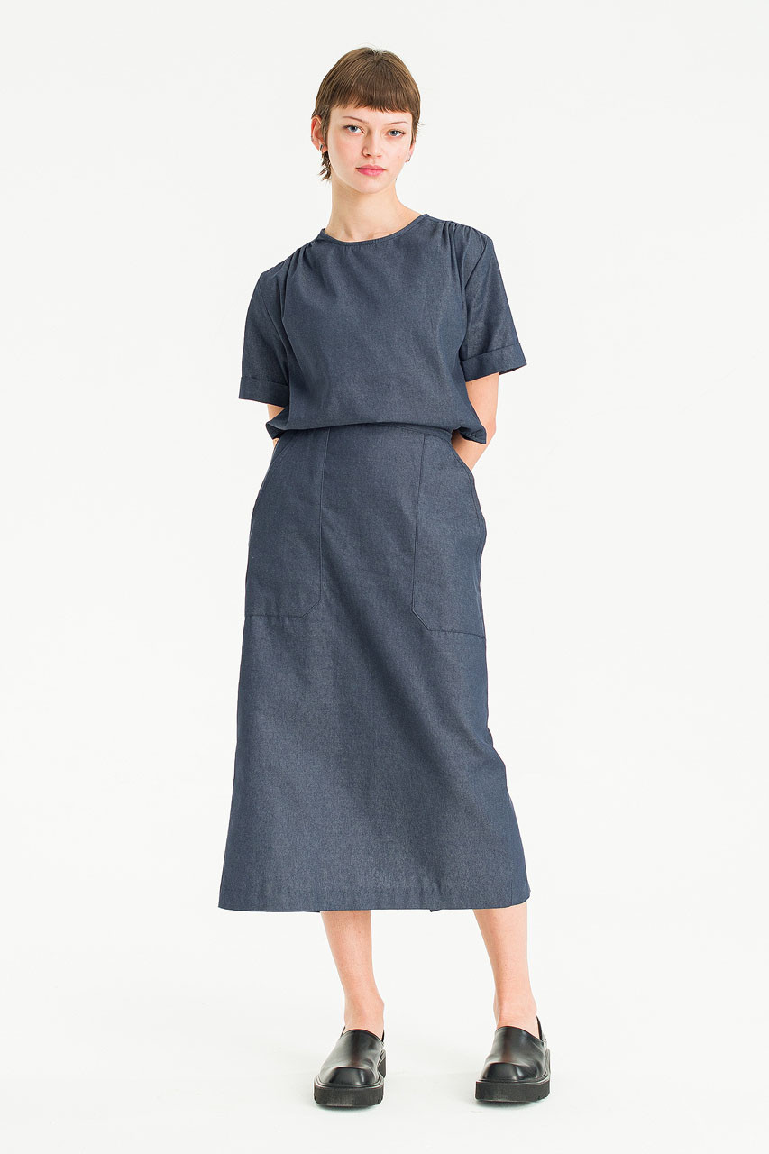 Amelie Twill Open Back Dress, Blue