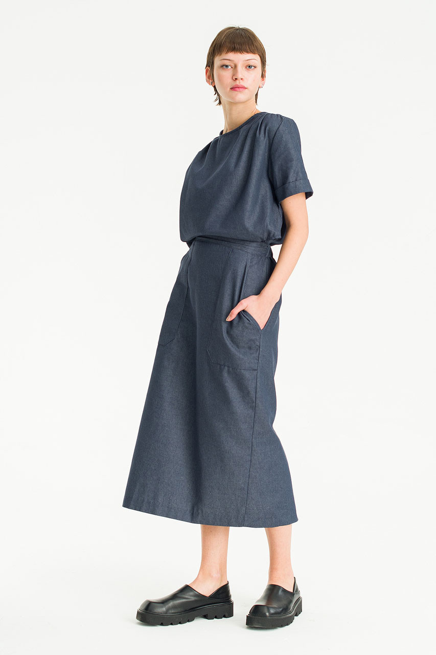 Amelie Twill Open Back Dress, Blue