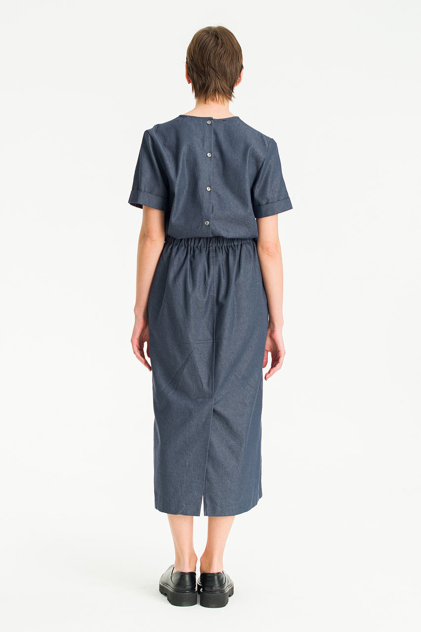 Amelie Twill Open Back Dress, Blue