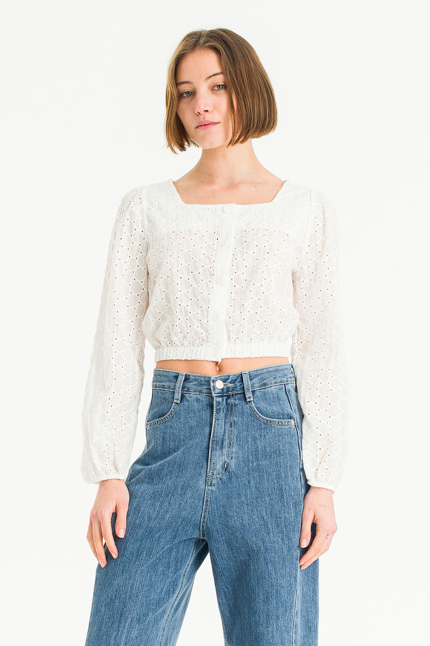 Ella Squre Neck Lace Crop Blouse, Ivory