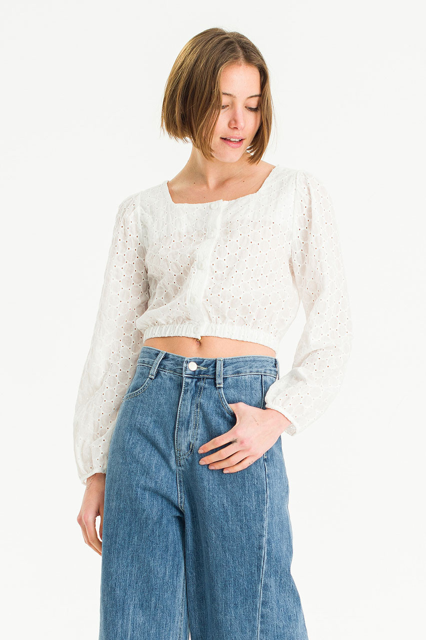 Ella Squre Neck Lace Crop Blouse, Ivory