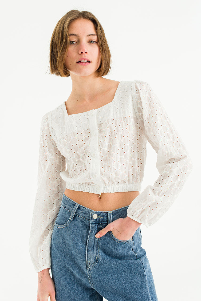 Ella Squre Neck Lace Crop Blouse, Ivory