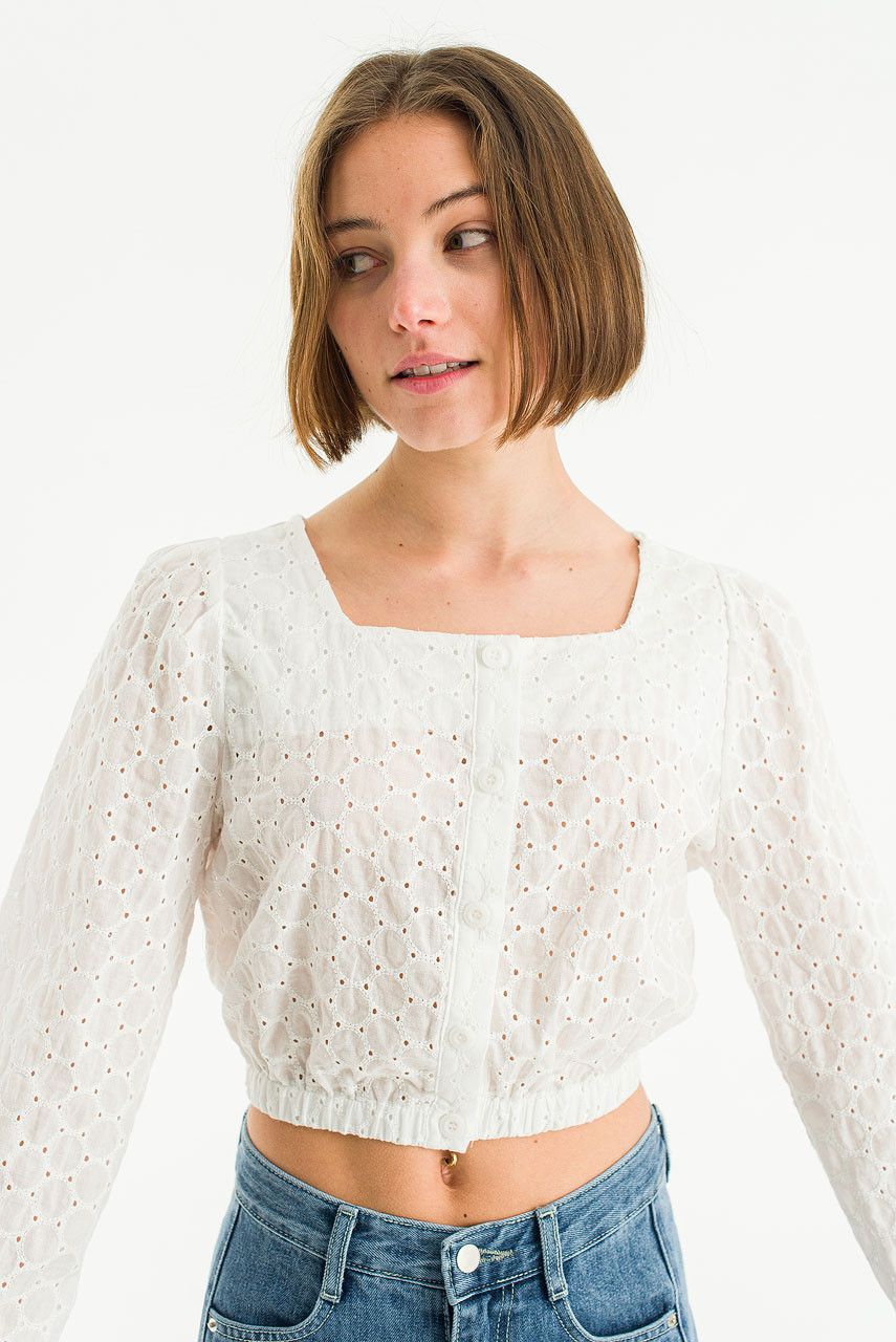 Ella Squre Neck Lace Crop Blouse, Ivory