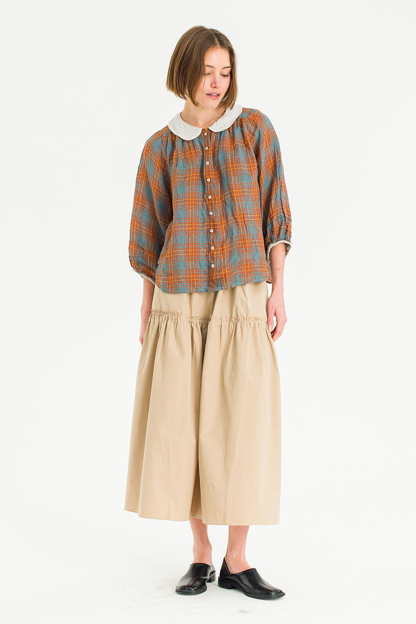 Kanako Check Linen Blouse, Tangerine