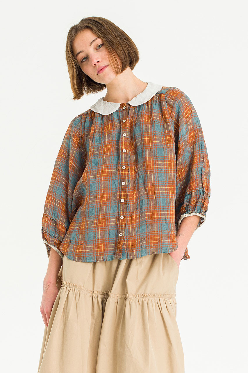 Kanako Check Linen Blouse, Tangerine