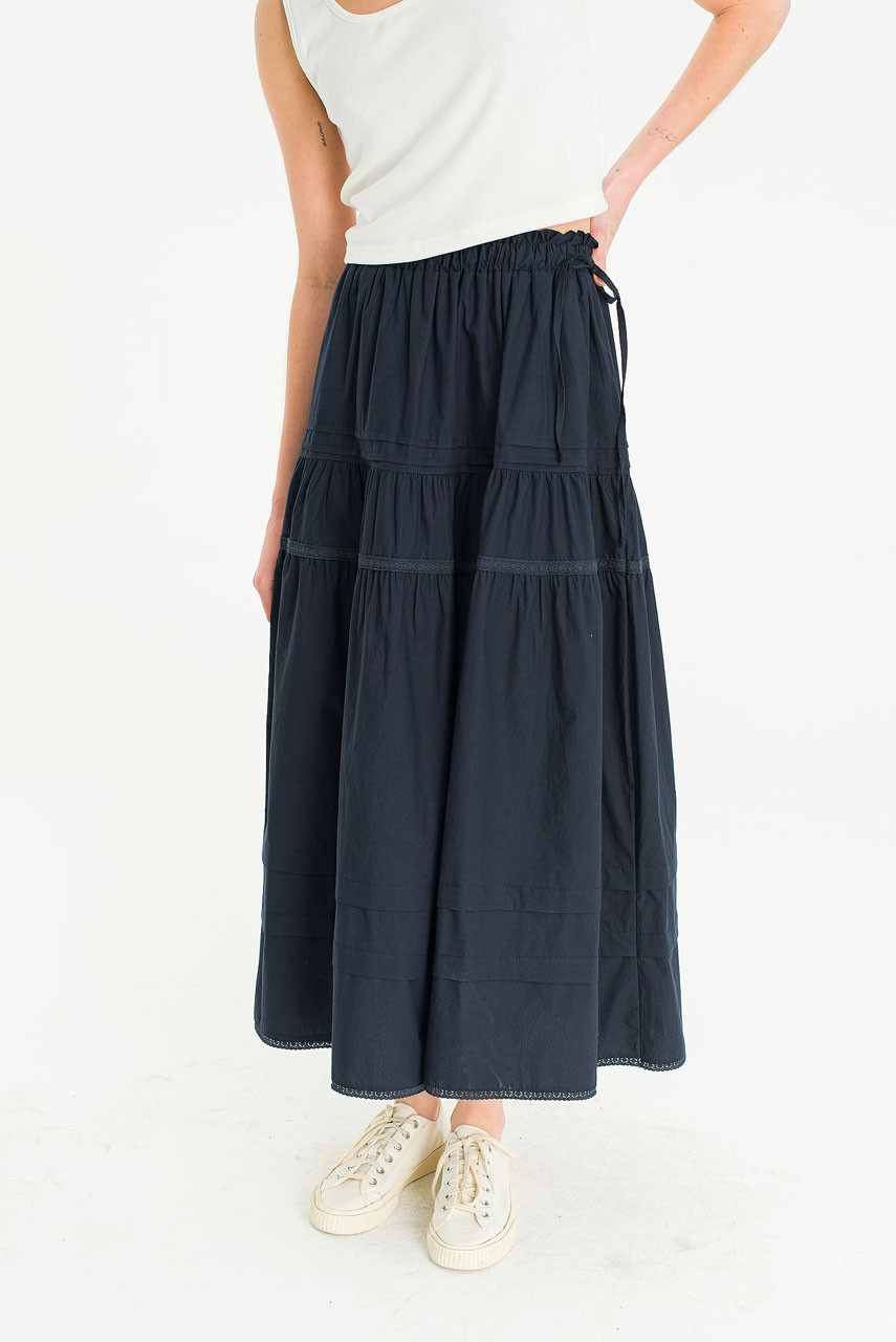 Mya Lace Detail Mid Length Skirt, Navy