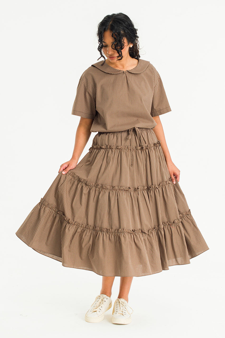 Kaito Check Mid Length Skirt, Brown