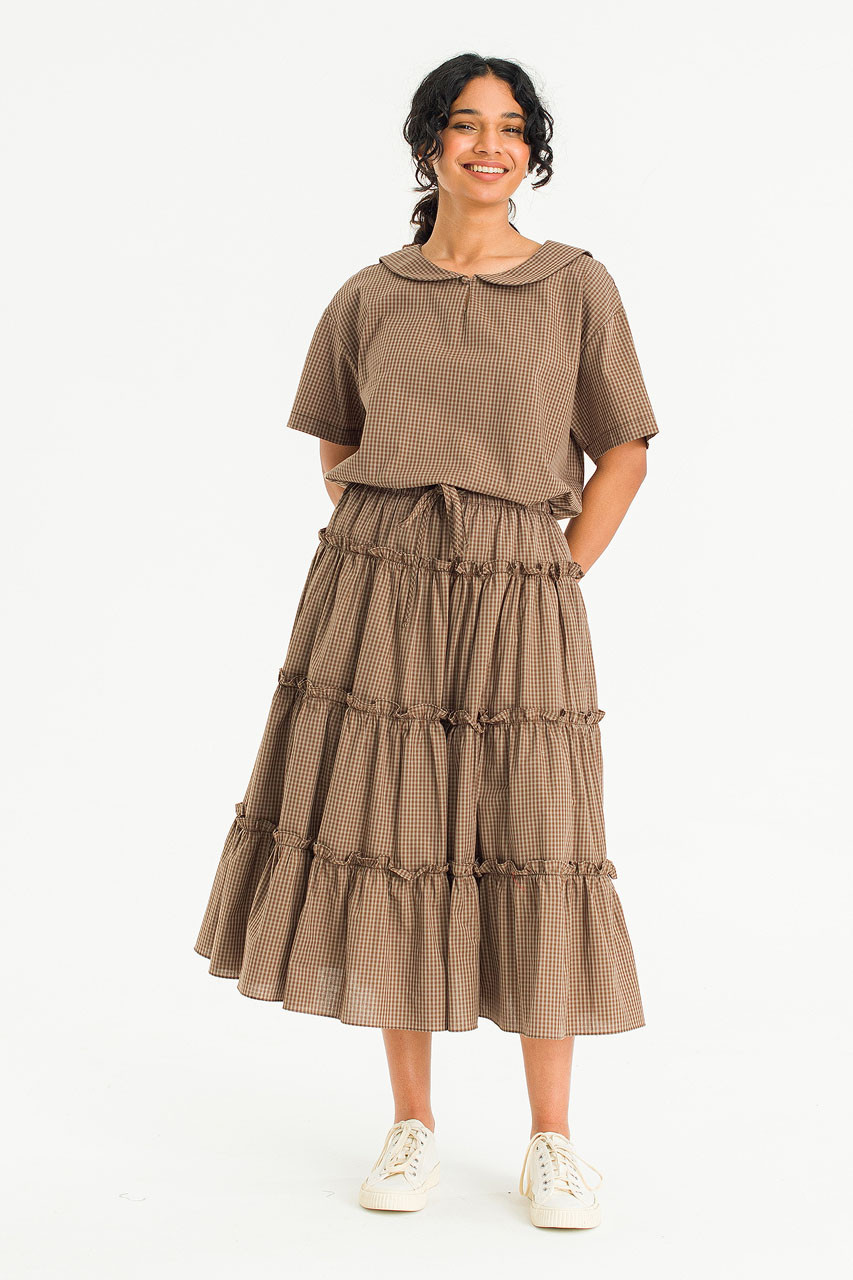 Kaito Check Mid Length Skirt, Brown