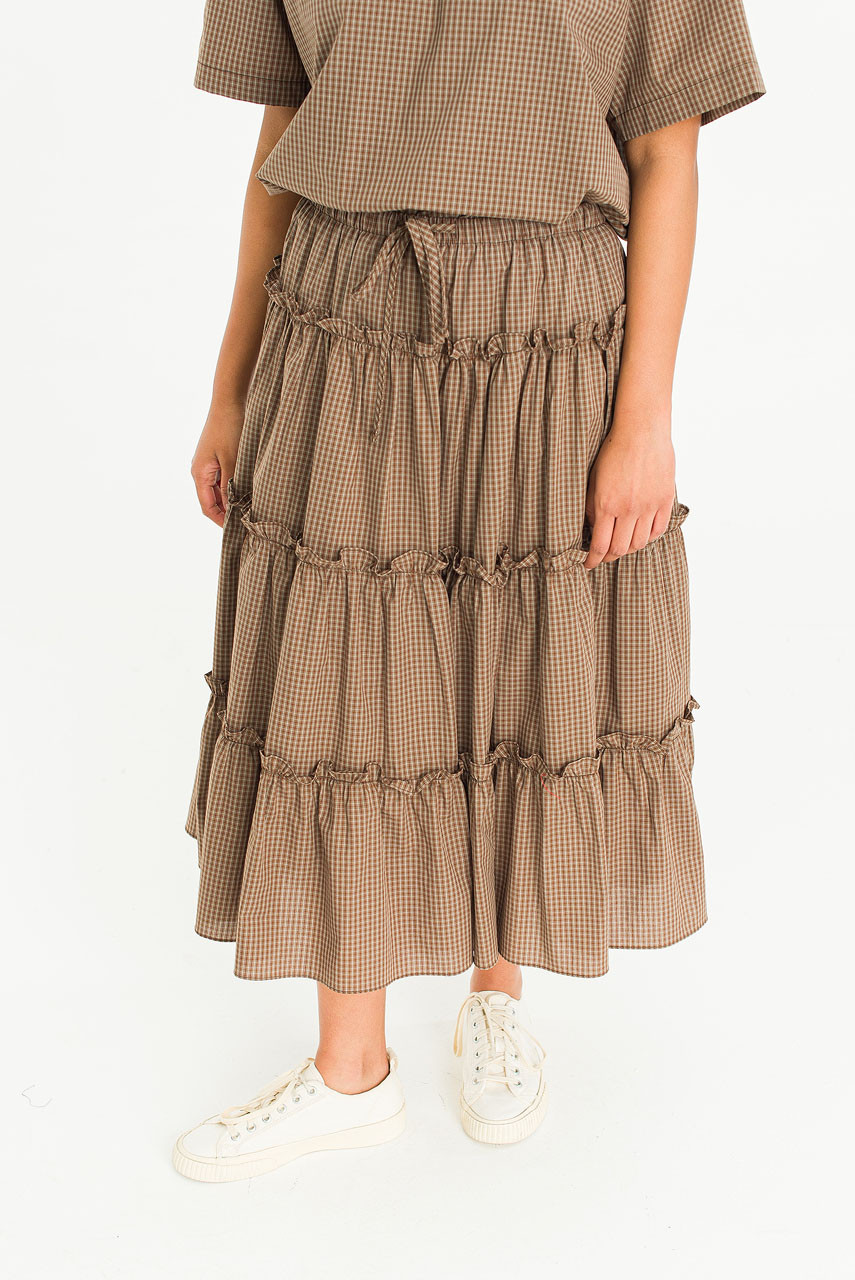 Kaito Check Mid Length Skirt, Brown