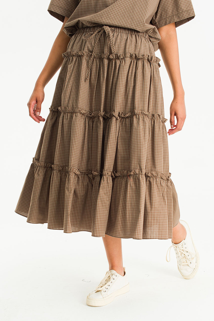 Kaito Check Mid Length Skirt, Brown