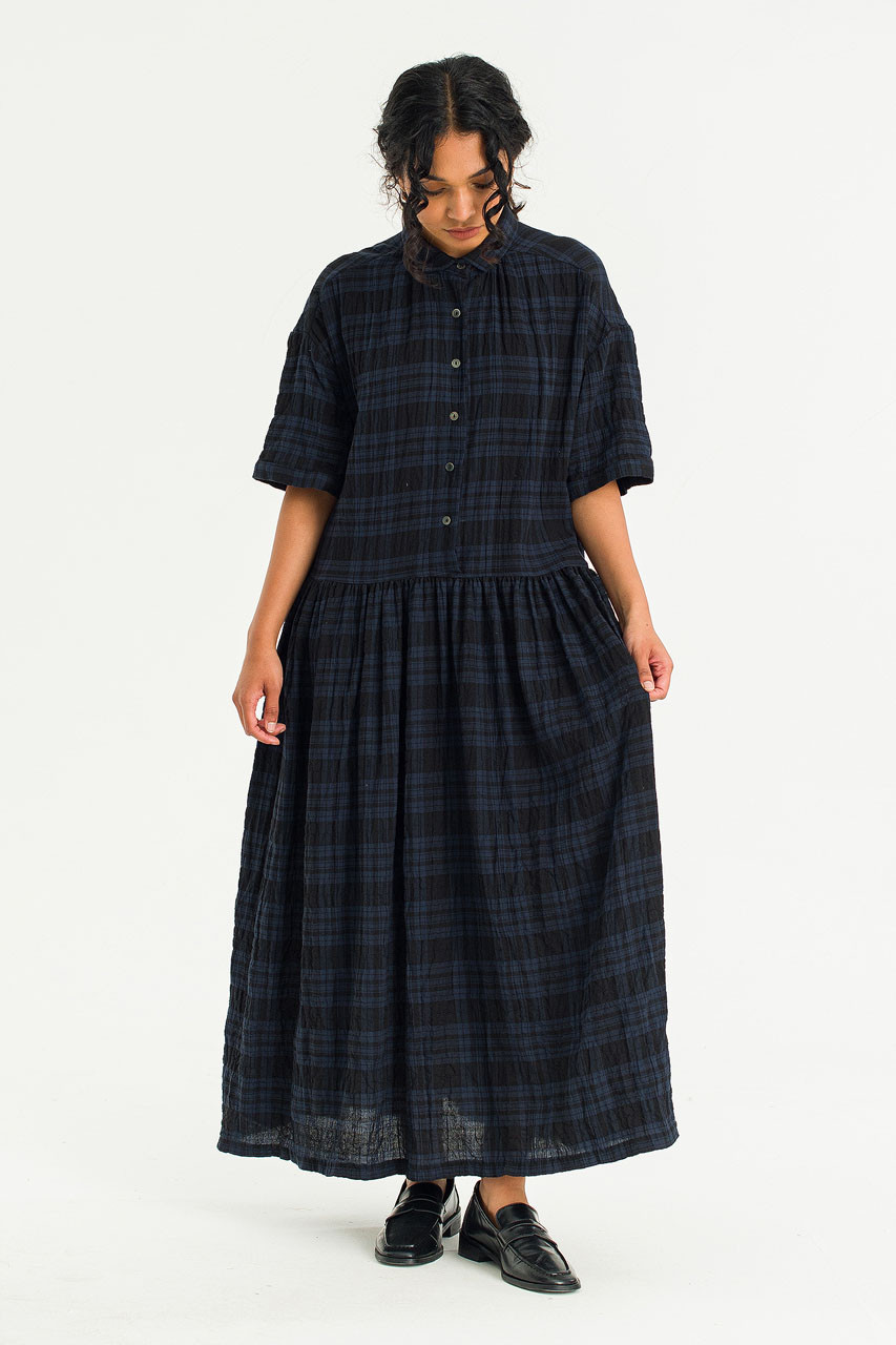 Bea Check Boxy Shirt Dress, Navy
