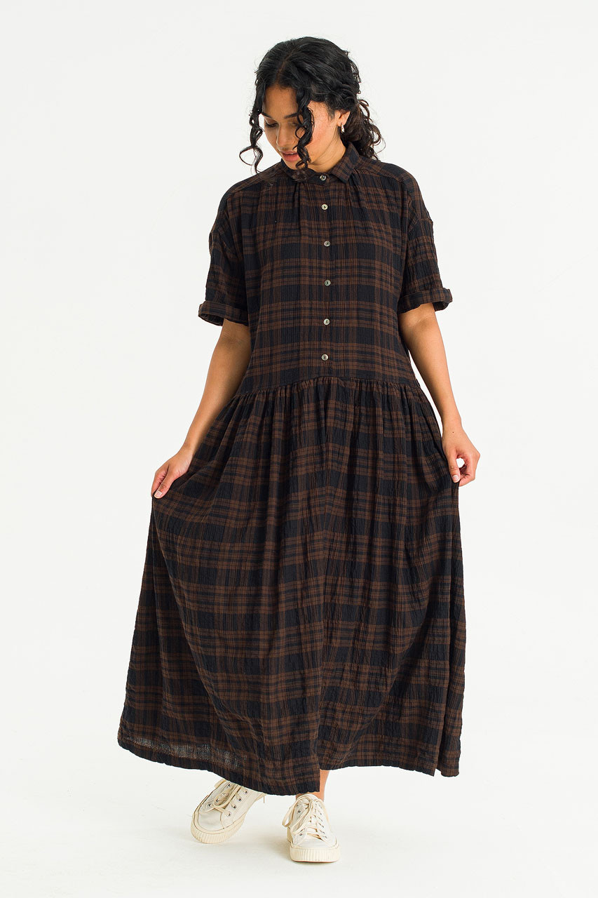 Bea Check Boxy Shirt Dress, Brown