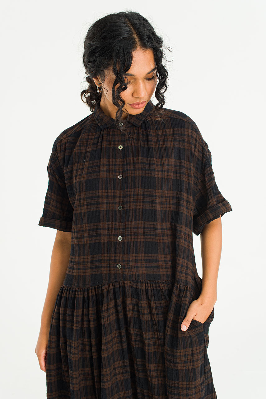 Bea Check Boxy Shirt Dress, Brown