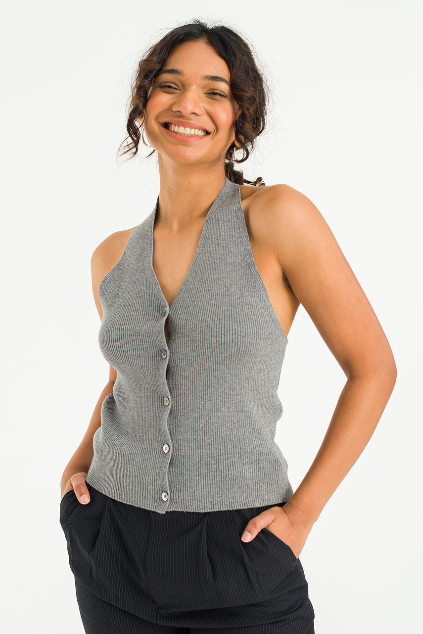 Ribbed Knit Halters Top, Grey