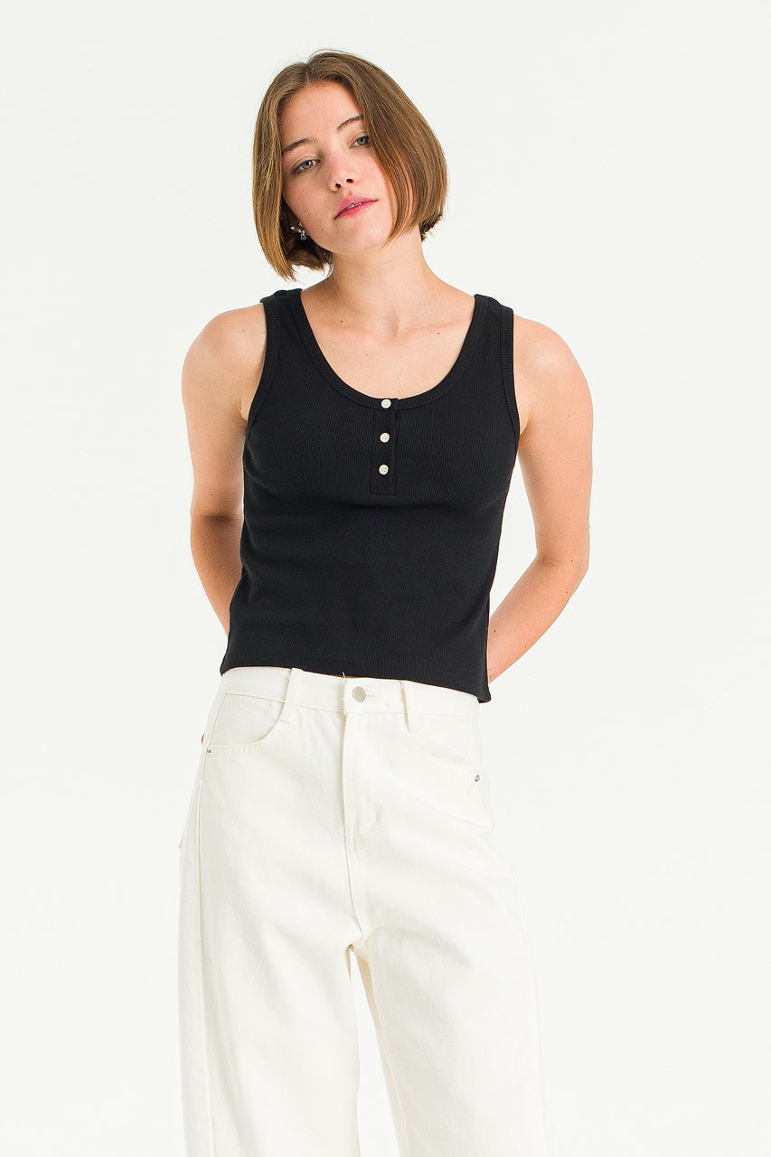 Bea Button Sleeveless Tee, Black
