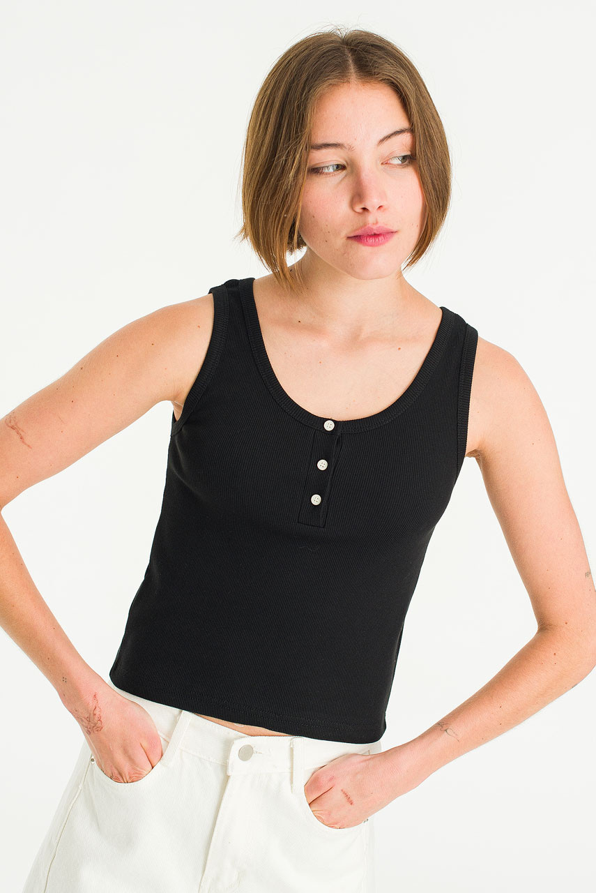 Bea Button Sleeveless Tee, Black