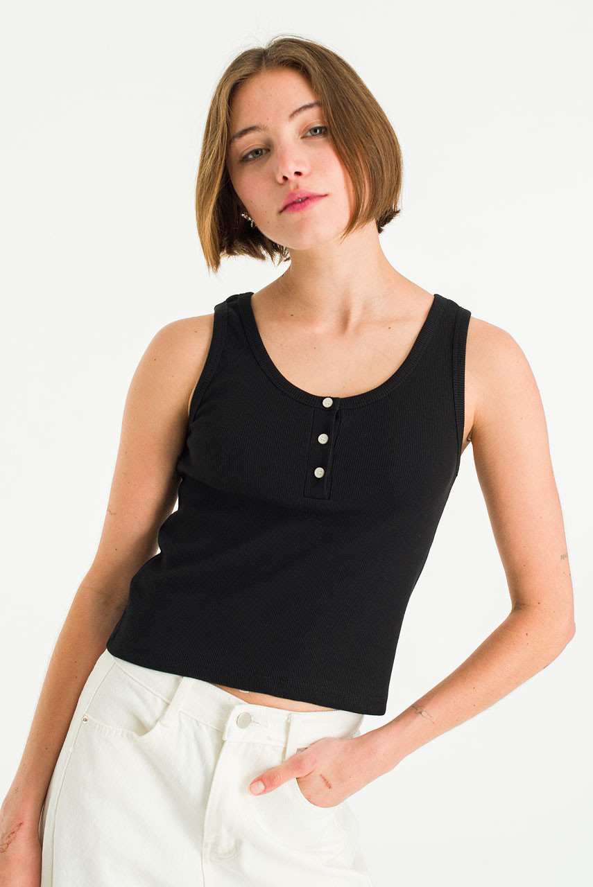 Bea Button Sleeveless Tee, Black