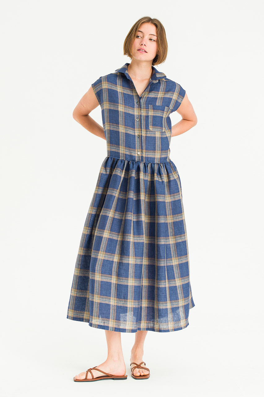 Linen Check Shirt Dress, Navy