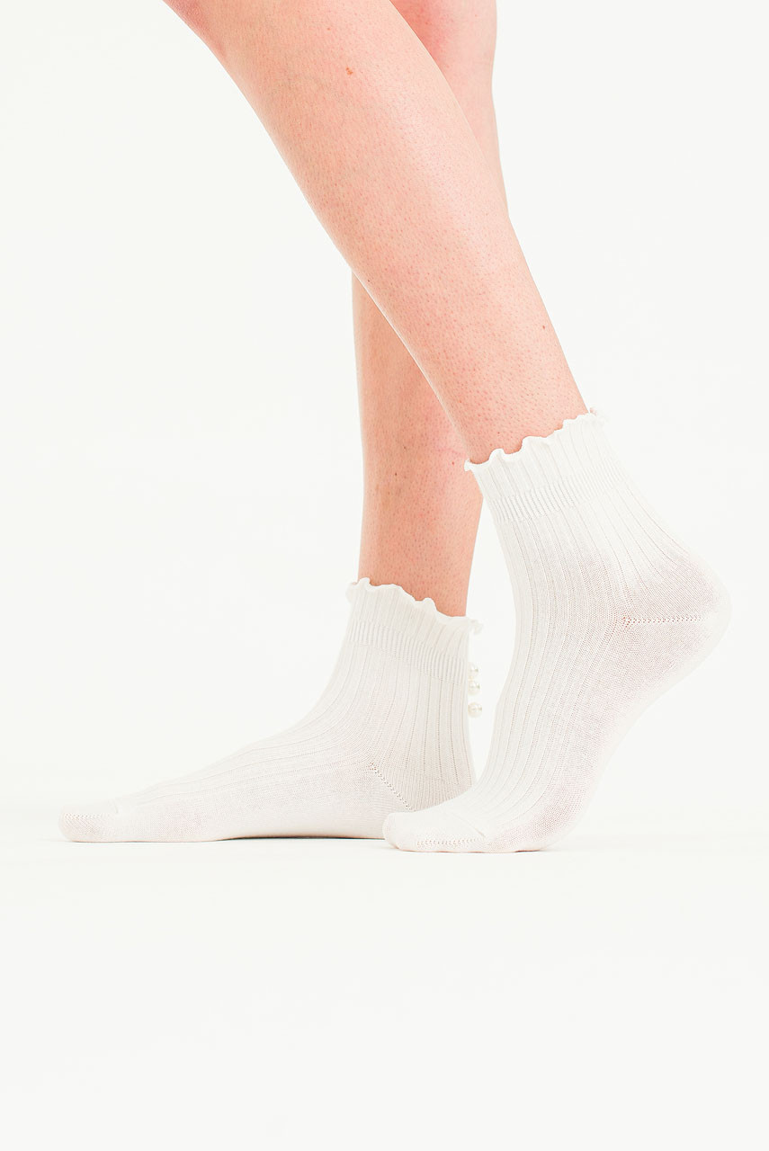 Pearl Detail Back Socks, Ivory
