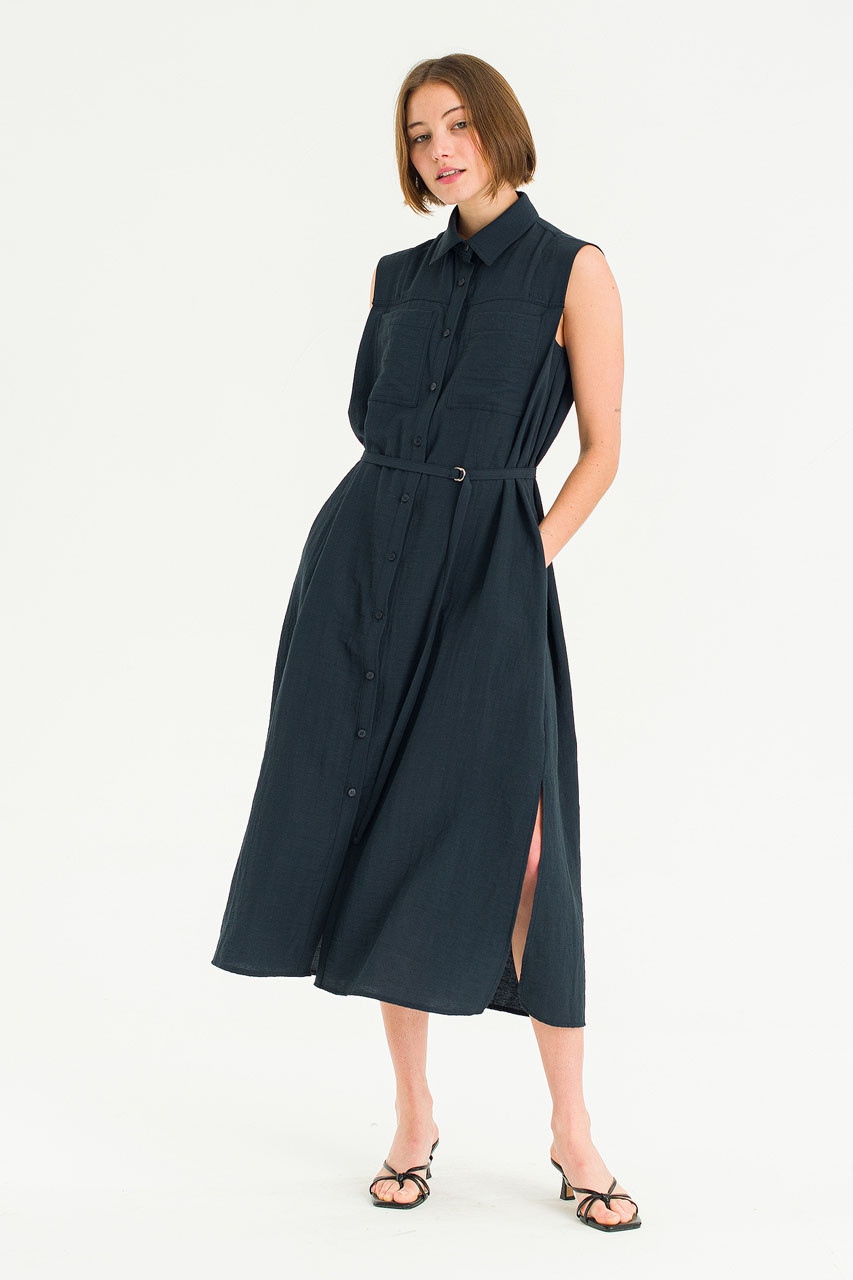 Cloudy Belted Shirt Dress, Navy