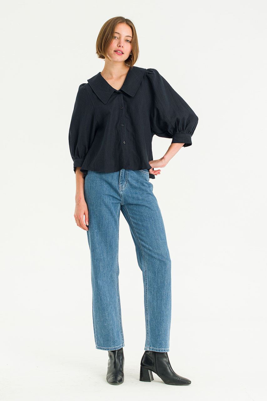 Lune Collar Linen Blouse, Navy