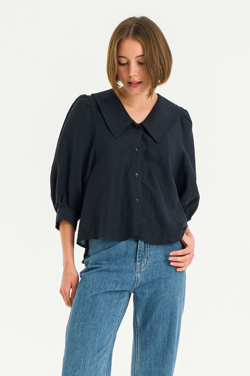 Lune Collar Linen Blouse, Navy