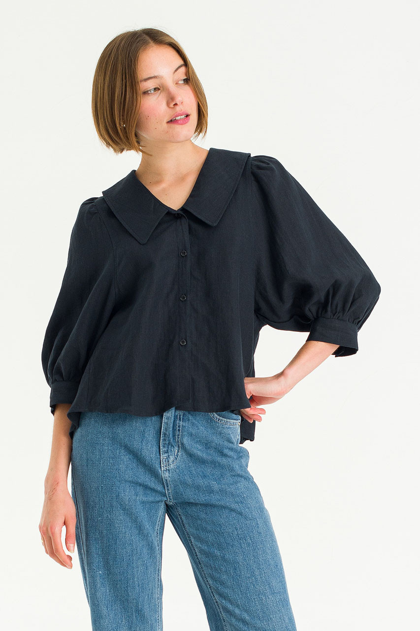 Lune Collar Linen Blouse, Navy