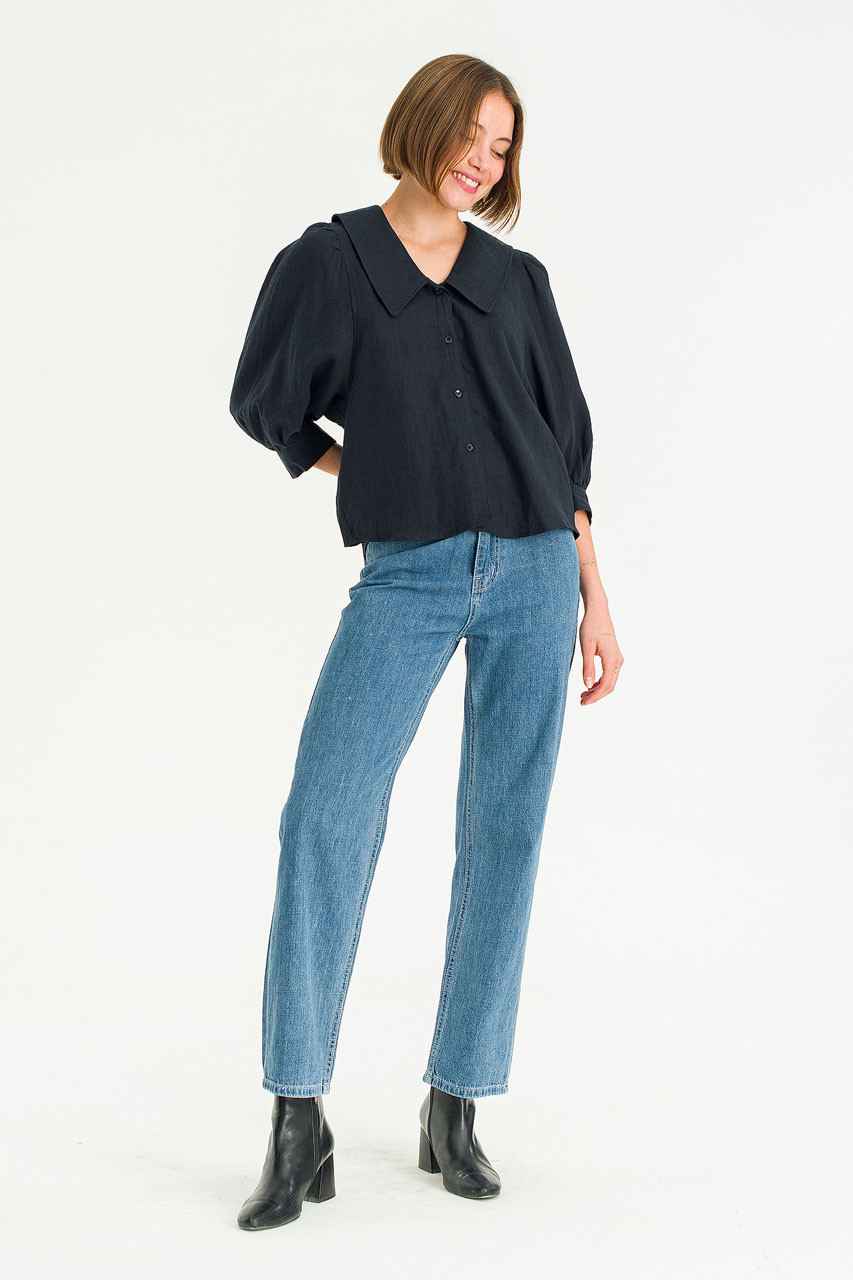 Lune Collar Linen Blouse, Navy