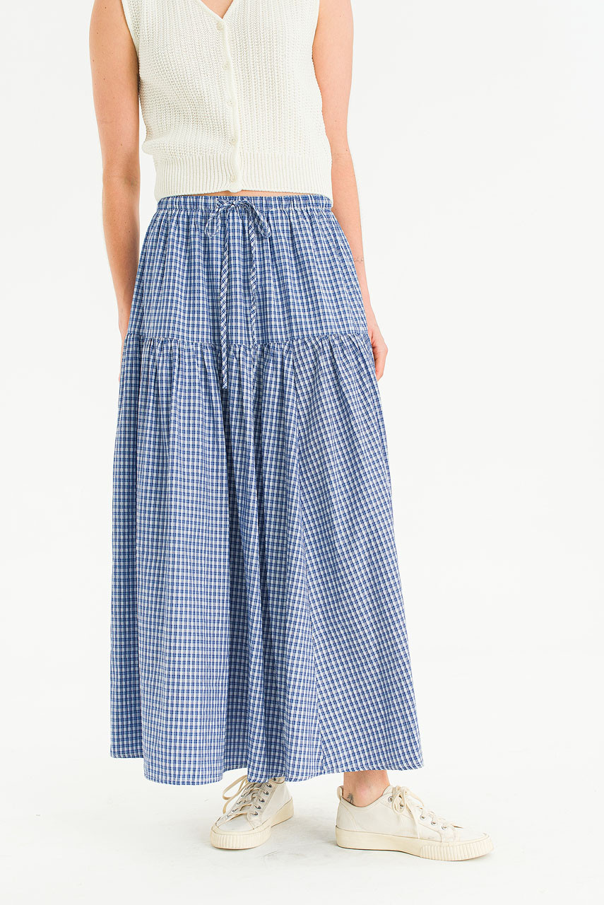 Lune Check Long Skirt, Blue