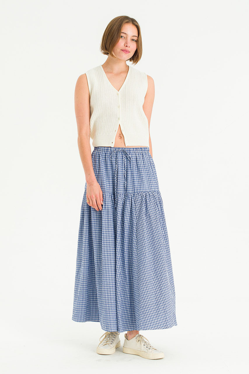 Lune Check Long Skirt, Blue