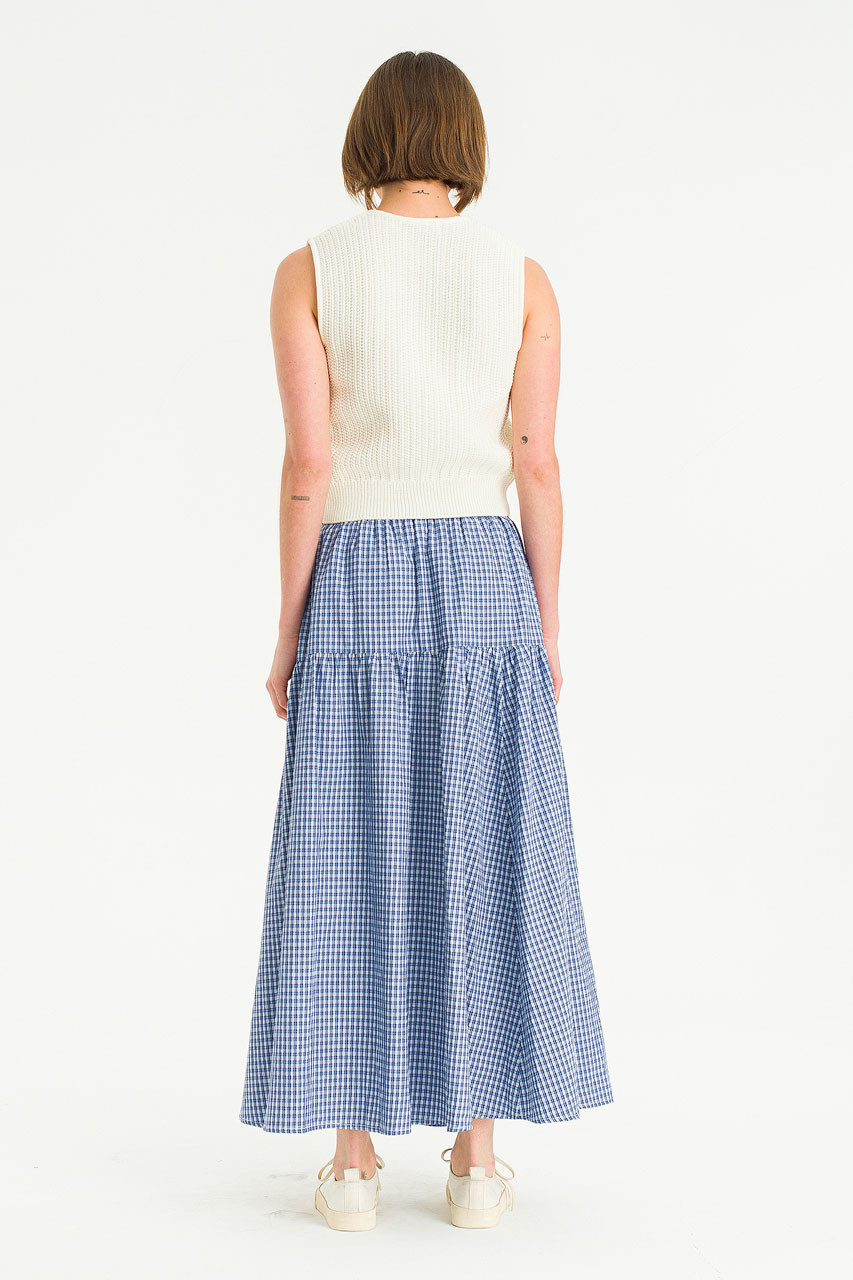 Lune Check Long Skirt, Blue