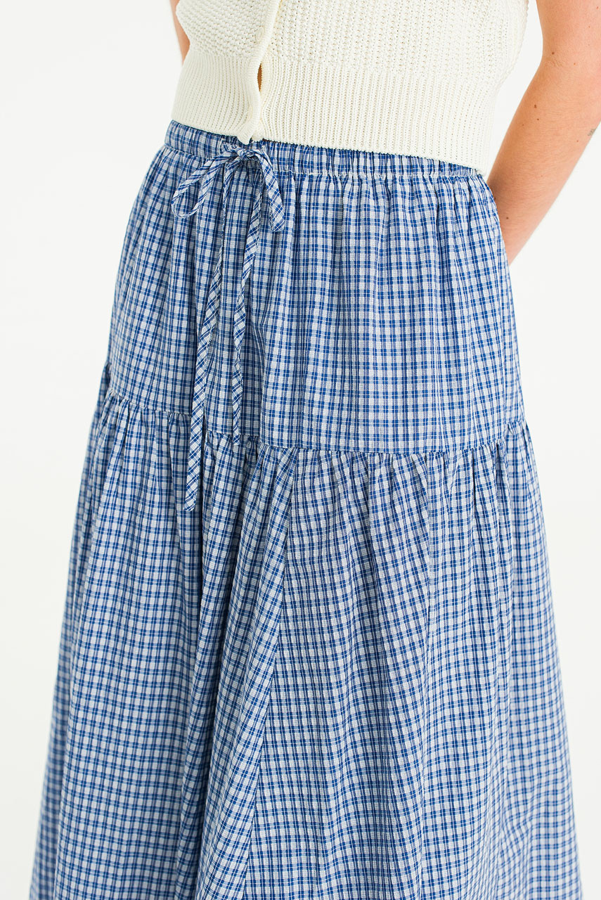 Lune Check Long Skirt, Blue