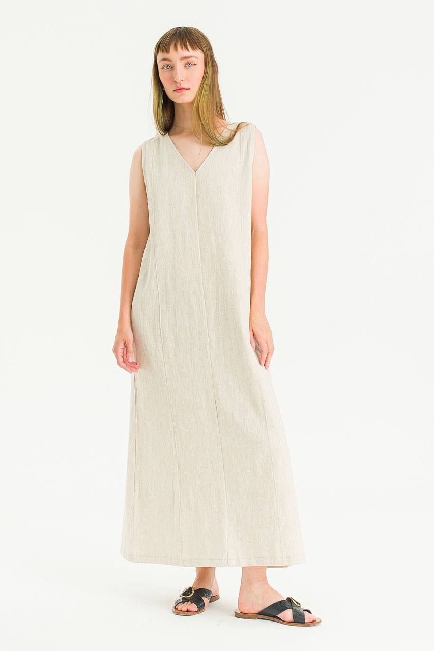 Mille V Neck Sleeveless Linen Dress, Oat