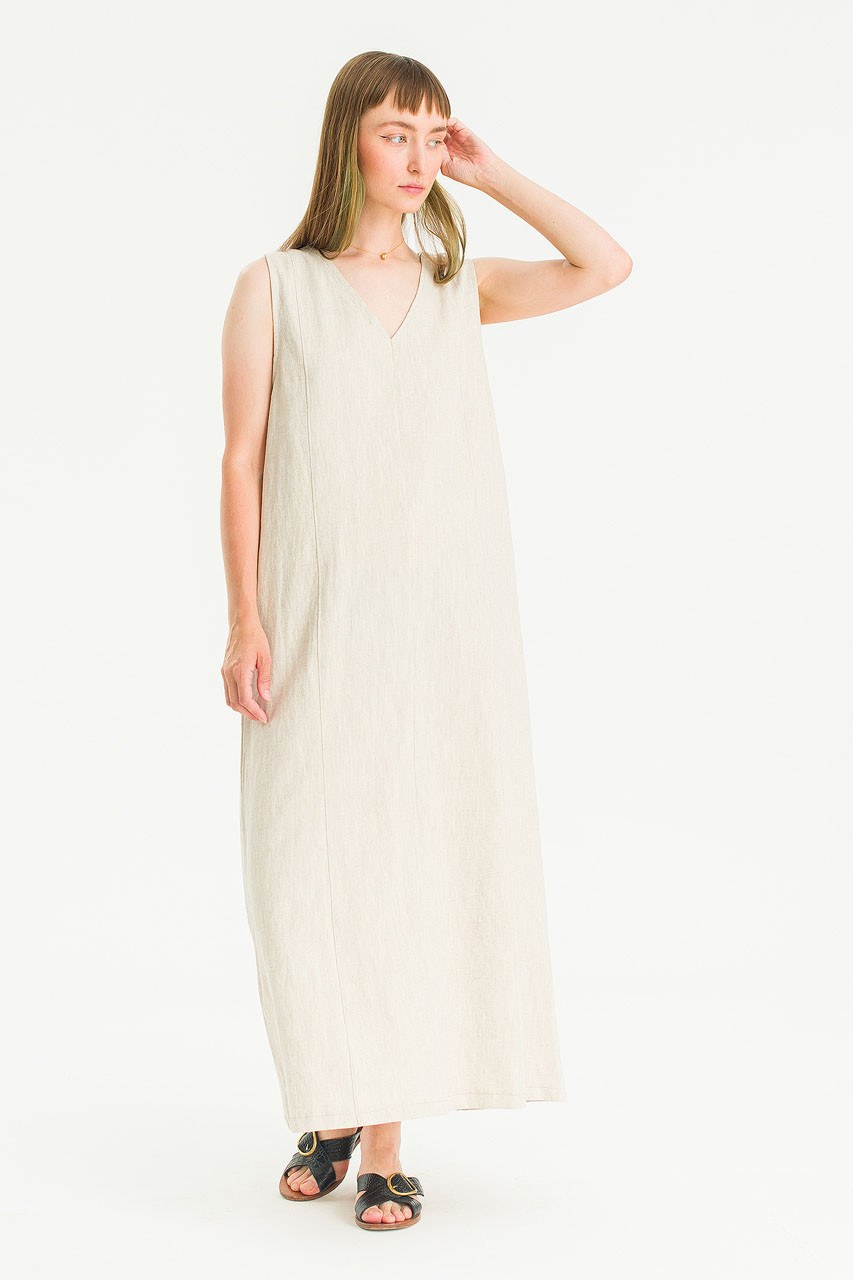 Mille V Neck Sleeveless Linen Dress, Oat