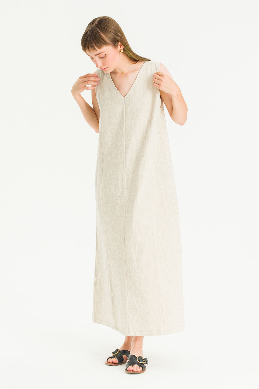 Mille V Neck Sleeveless Linen Dress, Oat
