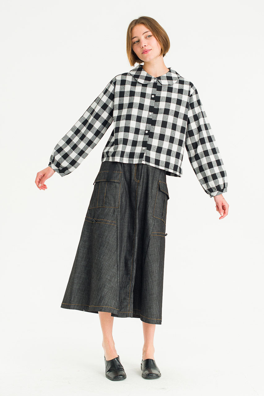 Jena Peter Collar Gingham Crop Blouse, Black/Ivory