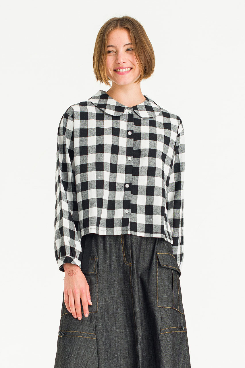 Jena Peter Collar Gingham Crop Blouse, Black/Ivory