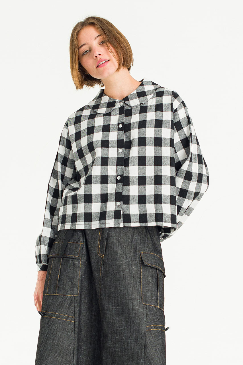 Jena Peter Collar Gingham Crop Blouse, Black/Ivory