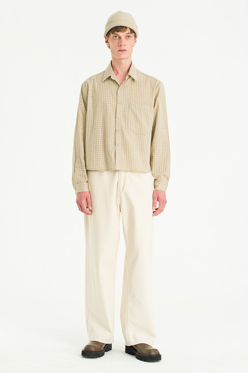 Menswear | Cropped Linen Check Shirt, Beige
