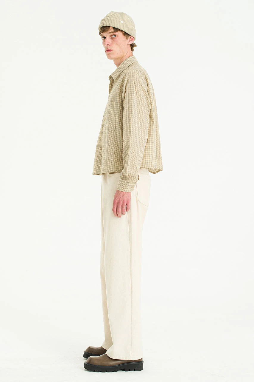 Menswear | Cropped Linen Check Shirt, Beige